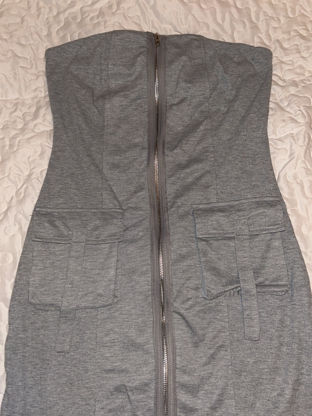 Strapless Grey Zip-Front Dress